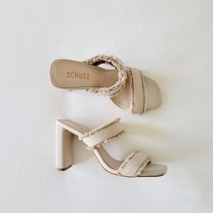 SCHUTZ Amely Neutral Mid Block Mule Open Toe Sandal Heels